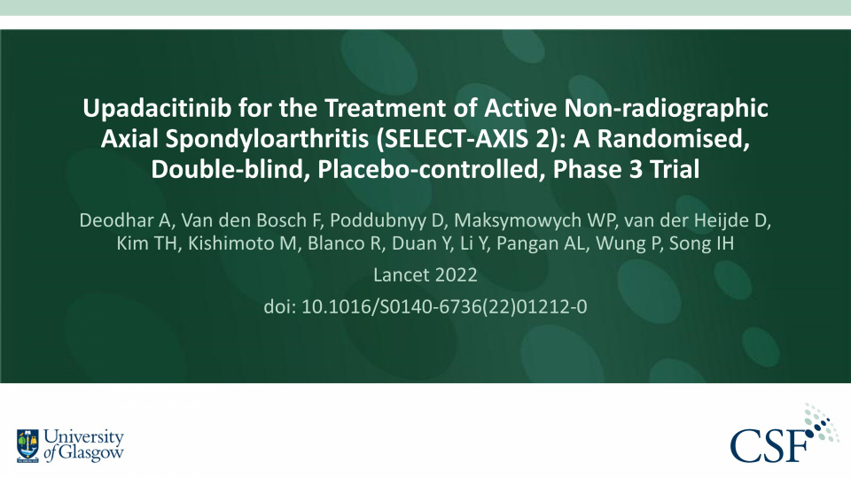 Publication thumbnail: Upadacitinib for the Treatment of Active Non-radiographic Axial Spondyloarthritis (SELECT-AXIS 2): A Randomised, Double-blind, Placebo-controlled, Phase 3 Trial