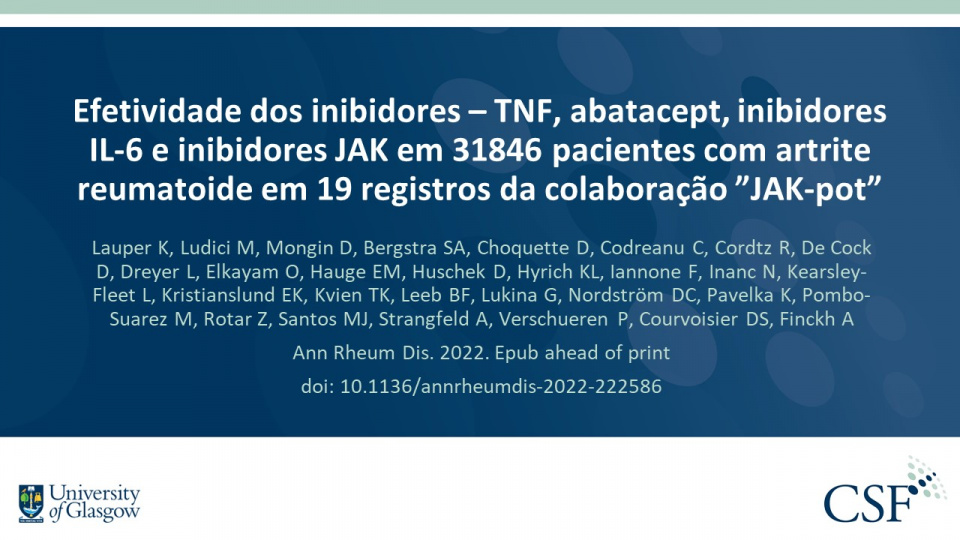 Publication thumbnail: Efetividade dos inibidores – TNF, abatacept, inibidores IL-6 e inibidores JAK em 31846 pacientes com artrite reumatoide em 19 registros da colaboração ”JAK-pot”