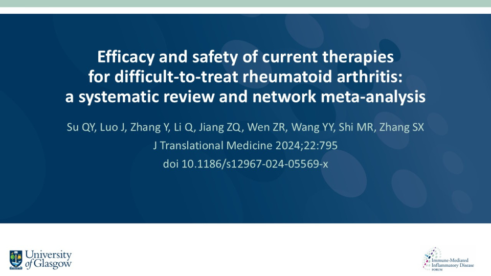 Publication thumbnail: Efficacy and safety of current therapies for difficult-to-treat rheumatoid arthritis: a systematic review and network               meta-analysis