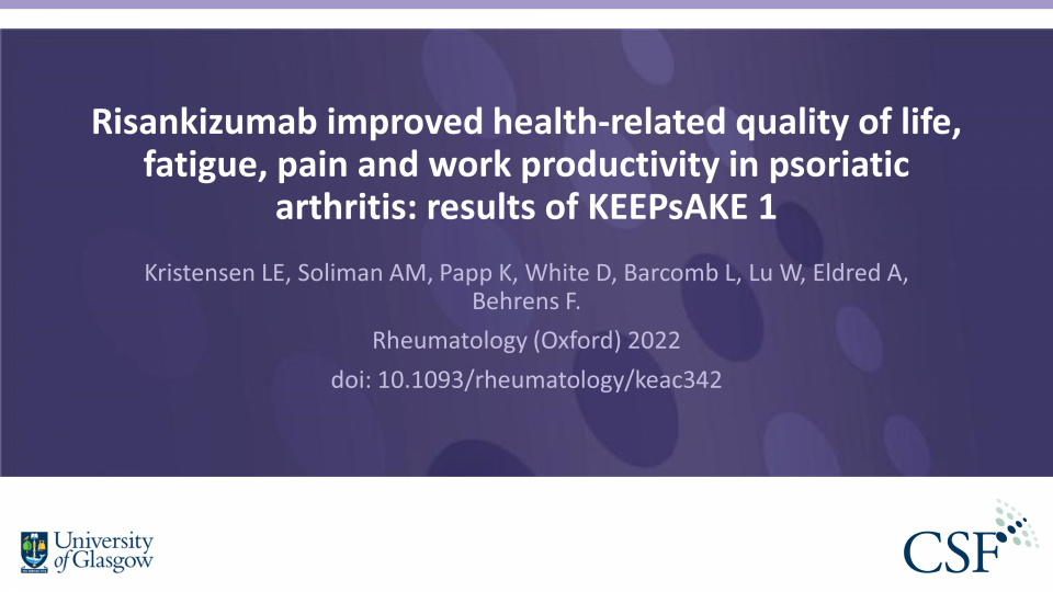 Publication thumbnail: Risankizumab Improved Health-Related Quality of Life, Fatigue, Pain and Work Productivity in Psoriatic Arthritis: Results Of Keepsake 1