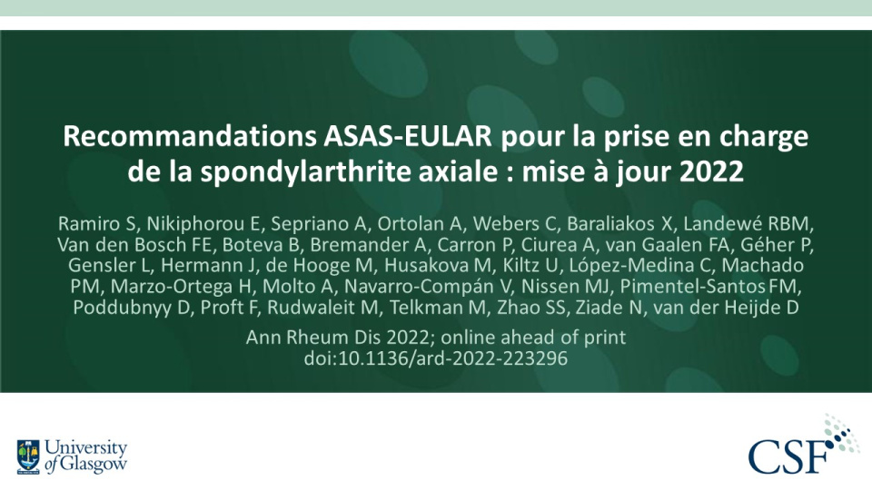 Publication thumbnail: Recommandations ASAS-EULAR pour la prise en charge de la spondylarthrite axiale : mise à jour 2022