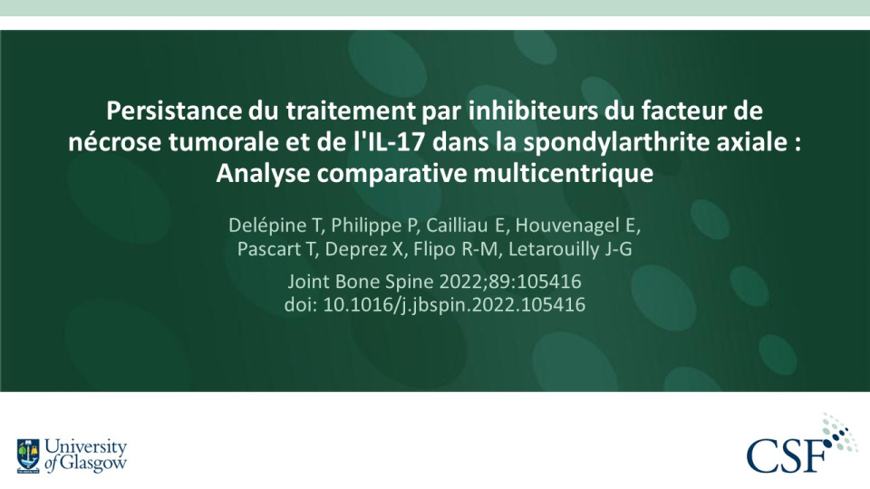 Publication thumbnail: Persistance du traitement par inhibiteurs du facteur de nécrose tumorale et de l'IL-17 dans la spondylarthrite axiale : Analyse comparative multicentrique