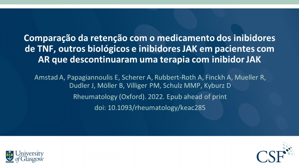 Publication thumbnail: Comparação da retenção com o medicamento dos inibidores de TNF, outros biológicos e inibidores JAK em pacientes com AR que descontinuaram uma terapia com inibidor JAK