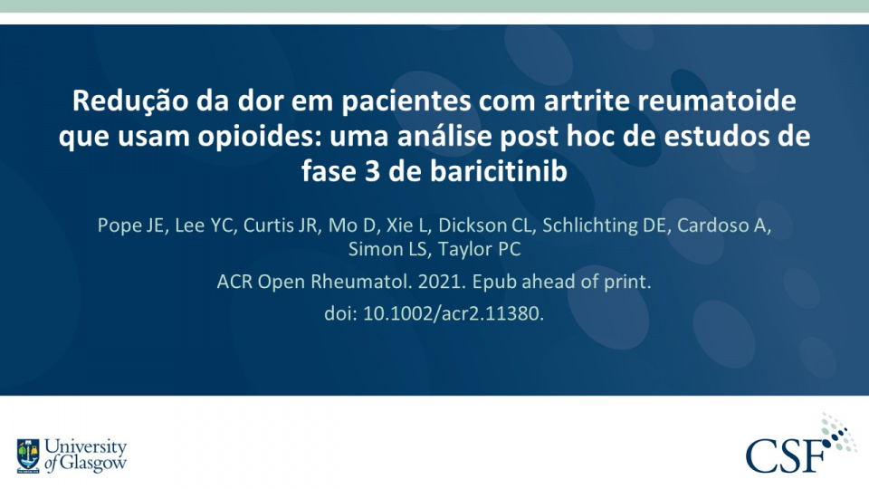 Publication thumbnail: Redução da dor em pacientes com artrite reumatoide que usam opioides: uma análise post hoc de estudos de fase 3 de baricitinib