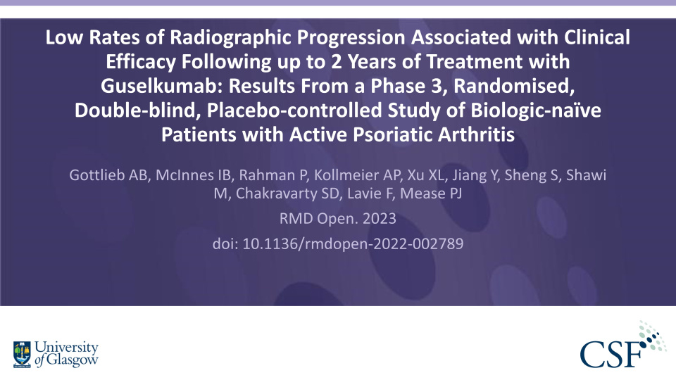 Publication thumbnail: Low Rates of Radiographic Progression Associated with Clinical Efficacy Following up to 2 Years of Treatment with Guselkumab: Results From a Phase 3, Randomised, Double-blind, Placebo-controlled Study of Biologic-naïve Patients with Active Psoriatic Arthritis