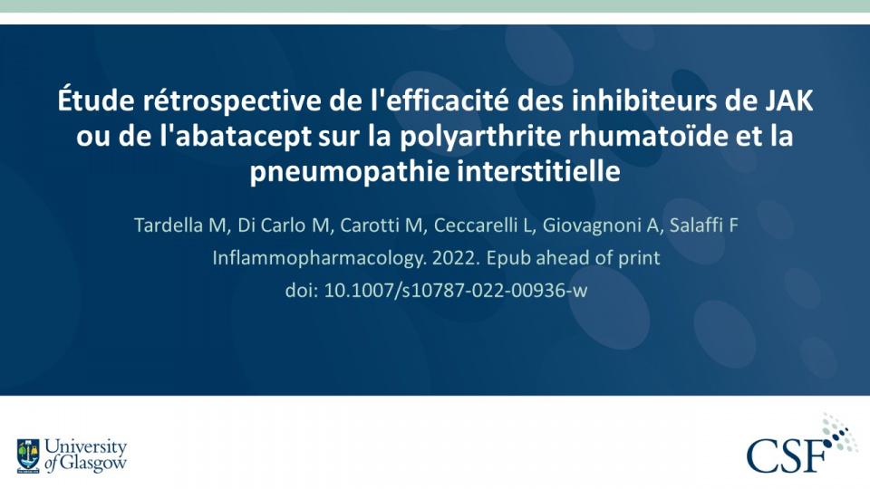 Publication thumbnail: Étude rétrospective de l'efficacité des inhibiteurs de JAK  ou de l'abatacept sur la polyarthrite rhumatoïde et la  pneumopathie interstitielle