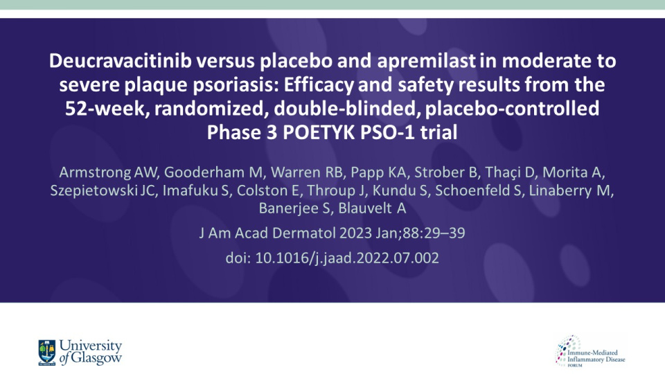 Publication thumbnail: Deucravacitinib versus placebo and apremilast in moderate to severe plaque psoriasis: Efficacy and safety results from the 52-week, randomized, double-blinded, placebo-controlled Phase 3 POETYK PSO-1 trial