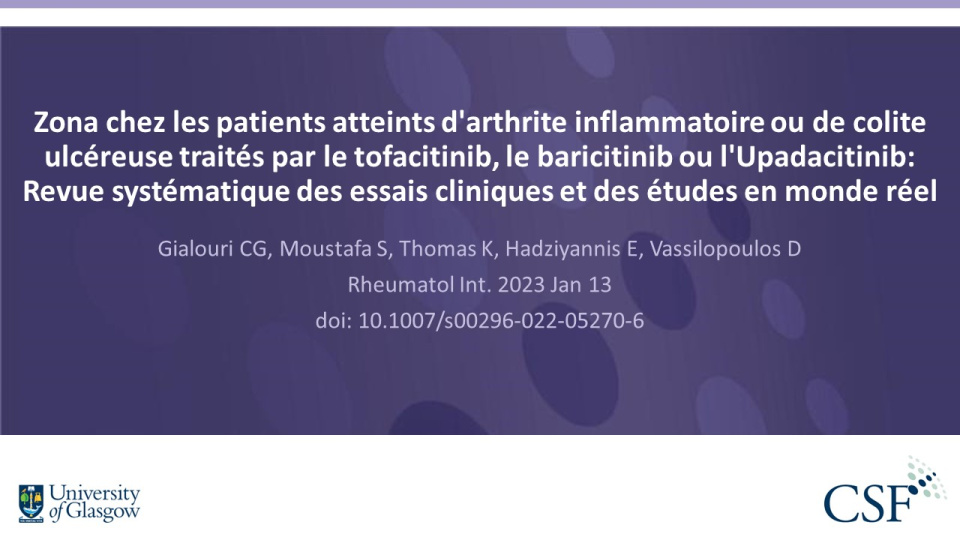 Publication thumbnail: Zona chez les patients atteints d'arthrite inflammatoire ou de colite ulcéreuse traités par le tofacitinib, le baricitinib ou l'Upadacitinib: Revue systématique des essais cliniques et des études en monde réel