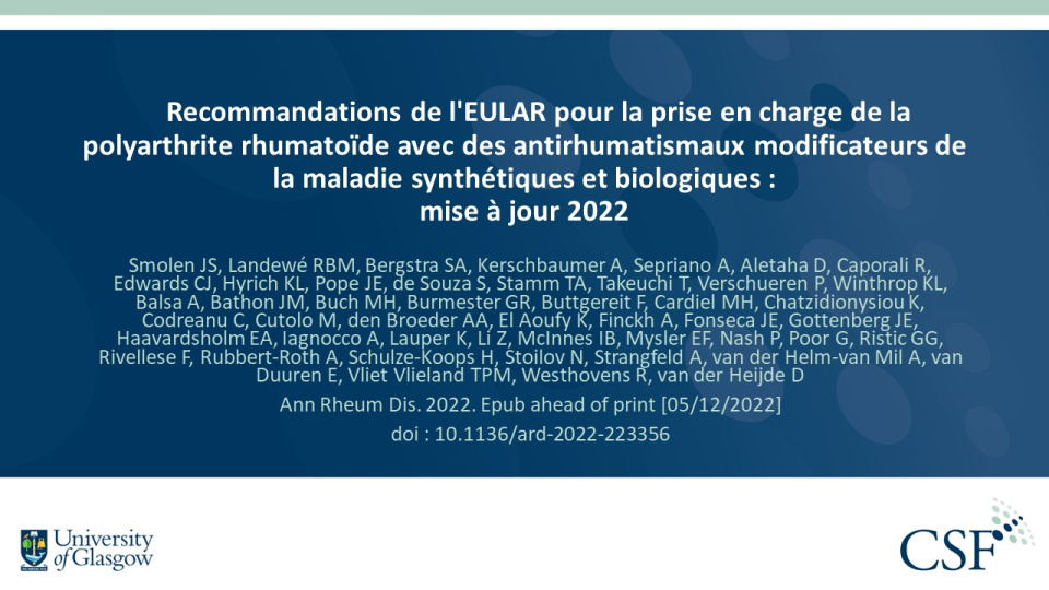 Publication thumbnail: Recommandations de l'EULAR pour la prise en charge de la polyarthrite rhumatoïde avec des antirhumatismaux modificateurs de la maladie synthétiques et biologiques : mise à jour 2022