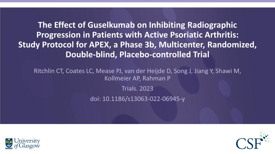 Publication thumbnail: The Effect of Guselkumab on Inhibiting Radiographic Progression in Patients with Active Psoriatic Arthritis: Study Protocol for APEX, a Phase 3b, Multicenter, Randomized, Double‑blind, Placebo‑controlled Trial