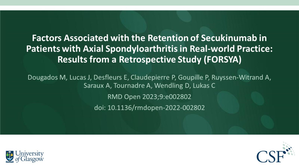 Publication thumbnail: Factors Associated with the Retention of Secukinumab in Patients with Axial Spondyloarthritis in Real-world Practice: Results from a Retrospective Study (FORSYA)