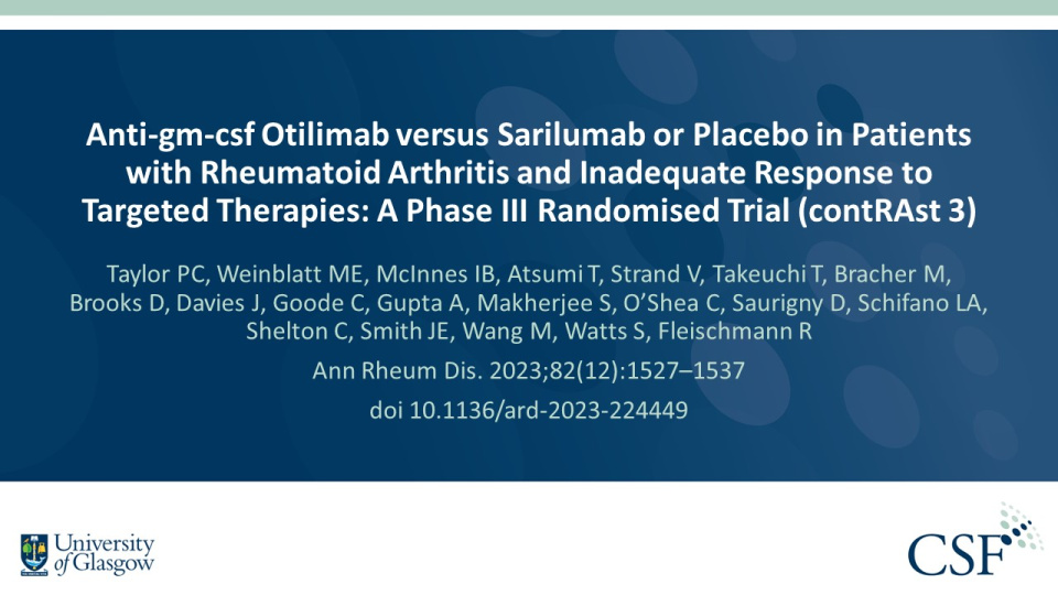 Publication thumbnail: Anti-gm-csf Otilimab versus Sarilumab or Placebo in Patients with Rheumatoid Arthritis and Inadequate Response to Targeted Therapies: A Phase III Randomised Trial (contRAst 3)