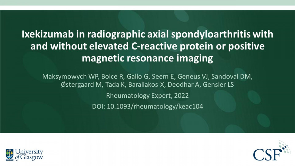 Publication thumbnail: Ixekizumab in radiographic axial spondyloarthritis with and without elevated C-reactive protein or positive magnetic resonance imaging
