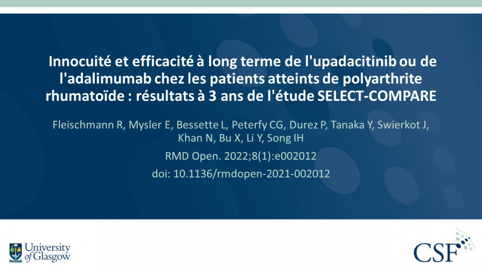 Publication thumbnail: Innocuité et efficacité à long terme de l'upadacitinib ou de l'adalimumab chez les patients atteints de polyarthrite rhumatoïde : résultats à 3 ans de l'étude SELECT-COMPARE