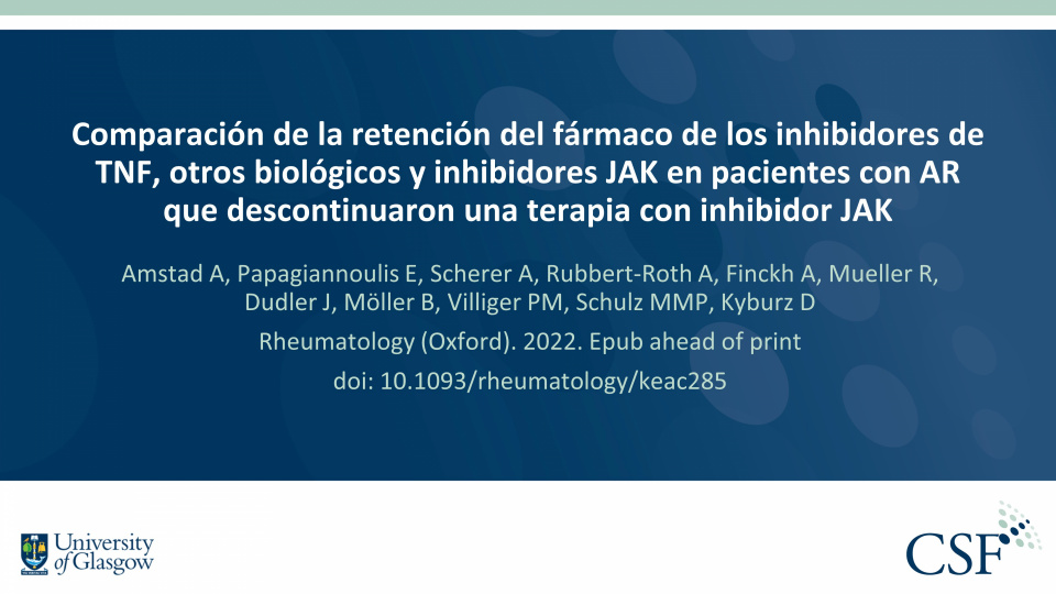 Publication thumbnail: Comparación de la retención del fármaco de los inhibidores de TNF, otros biológicos y inhibidores JAK en pacientes con AR que descontinuaron una terapia con inhibidor JAK