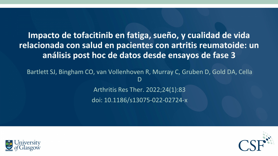 Publication thumbnail: Impacto de tofacitinib en fatiga, sueño, y cualidad de vida relacionada con salud en pacientes con artritis reumatoide: un análisis post hoc de datos desde ensayos de fase 3