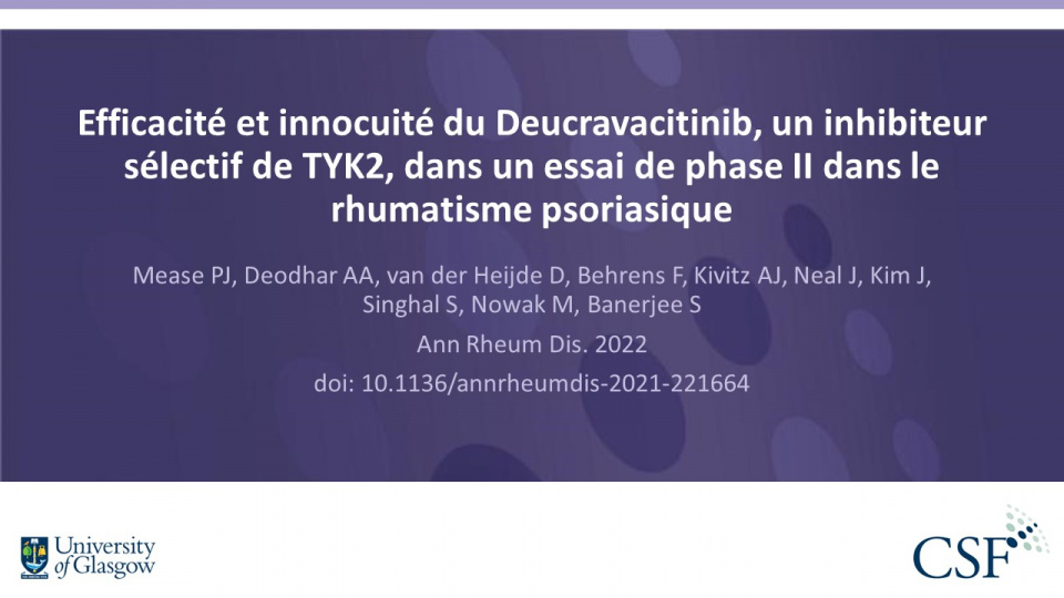 Publication thumbnail: Efficacité et innocuité du Deucravacitinib, un inhibiteur  sélectif de TYK2, dans un essai de phase II dans le  rhumatisme psoriasique