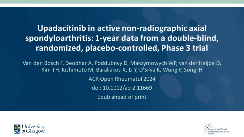 Publication thumbnail: Upadacitinib in active non-radiographic axial spondyloarthritis: 1-year data from a double-blind, randomized, placebo-controlled, Phase 3 trial