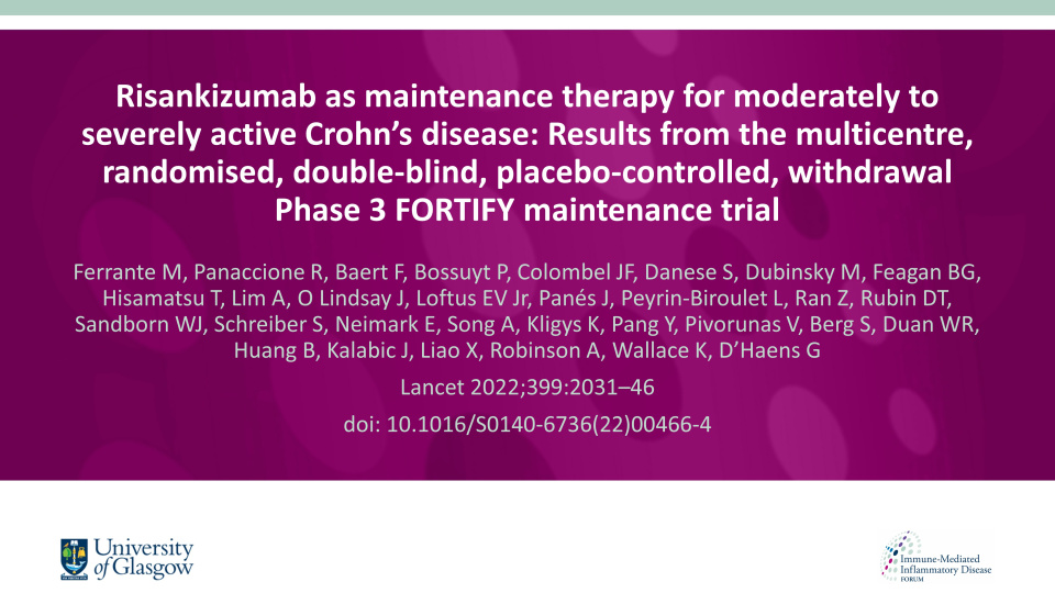 Publication thumbnail: Risankizumab as maintenance therapy for moderately to severely active Crohn’s disease: Results from the multicentre, randomised, double-blind, placebo-controlled, withdrawal Phase 3 FORTIFY maintenance trial