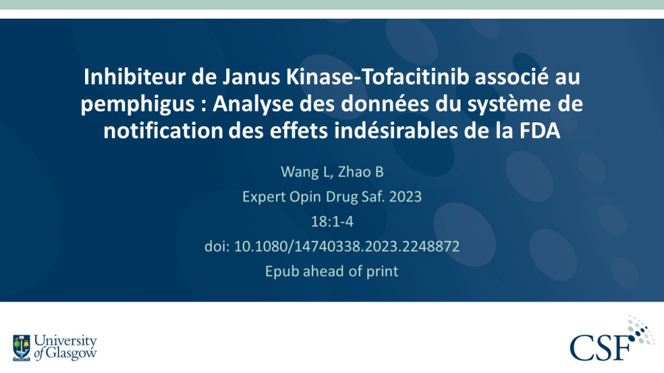 Publication thumbnail: Inhibiteur de Janus Kinase-Tofacitinib associé au pemphigus : Analyse des données du système de notification des effets indésirables de la FDA