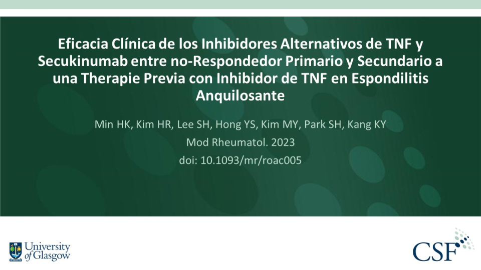 Publication thumbnail: Eficacia Clínica de los Inhibidores Alternativos de TNF y Secukinumab entre no-Respondedor Primario y Secundario a una Therapie Previa con Inhibidor de TNF en Espondilitis Anquilosante