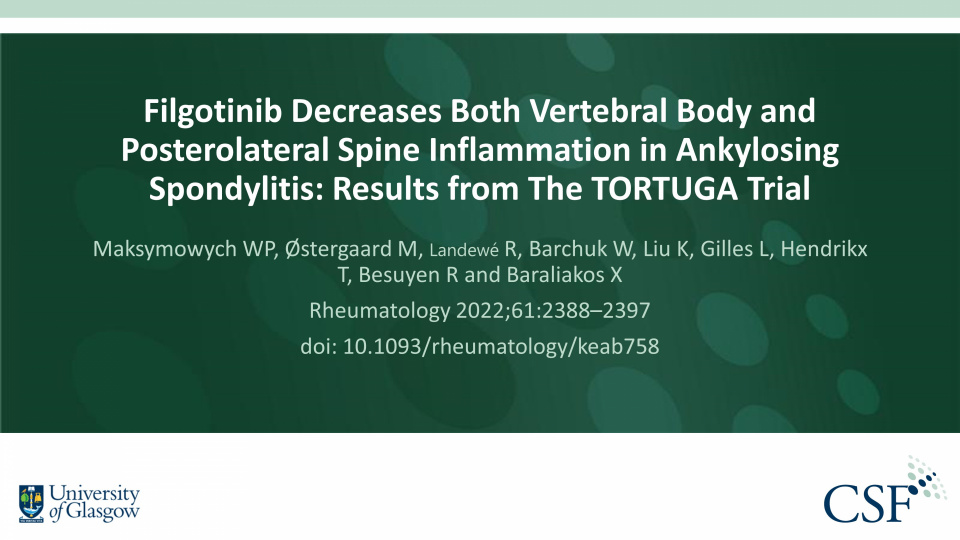 Publication thumbnail: Filgotinib Decreases Both Vertebral Body and Posterolateral Spine Inflammation in Ankylosing Spondylitis: Results from The TORTUGA Trial