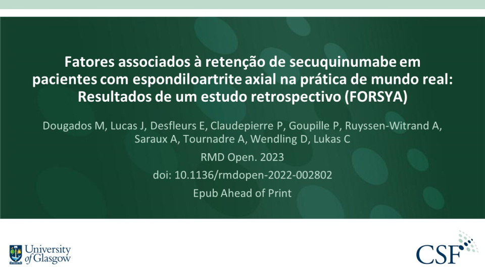 Publication thumbnail: Fatores associados à retenção de secuquinumabe em pacientes com espondiloartrite axial na prática de mundo real: Resultados de um estudo retrospectivo (FORSYA)