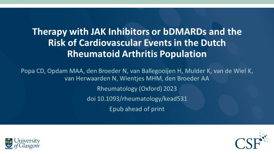 Publication thumbnail: Therapy with JAK Inhibitors or bDMARDs and the  Risk of Cardiovascular Events in the Dutch  Rheumatoid Arthritis Population