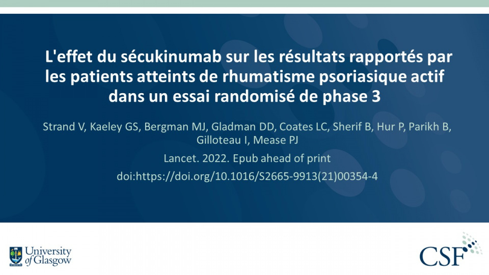 Publication thumbnail: L'effet du sécukinumab sur les résultats rapportés par les patients atteints de rhumatisme psoriasique actif dans un essai randomisé de phase 3