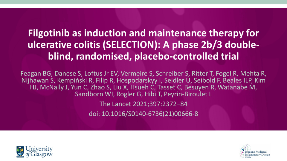 Publication thumbnail: Filgotinib as induction and maintenance therapy for ulcerative colitis (SELECTION): A phase 2b/3 double-blind, randomised, placebo-controlled trial