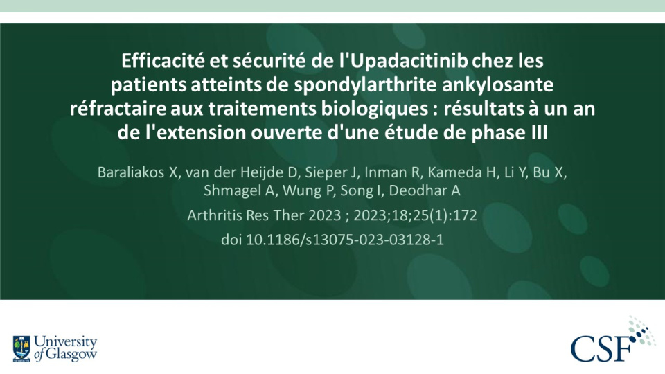 Publication thumbnail: Efficacité et sécurité de l'Upadacitinib chez les patients atteints de spondylarthrite ankylosante réfractaire aux traitements biologiques : résultats à un an de l'extension ouverte d'une étude de phase III