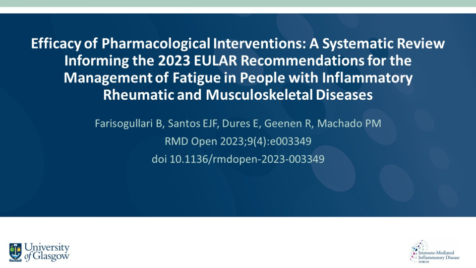 Publication thumbnail: Efficacy of Pharmacological Interventions: A Systematic Review Informing the 2023 EULAR Recommendations for the Management of Fatigue in People with Inflammatory Rheumatic and Musculoskeletal Diseases