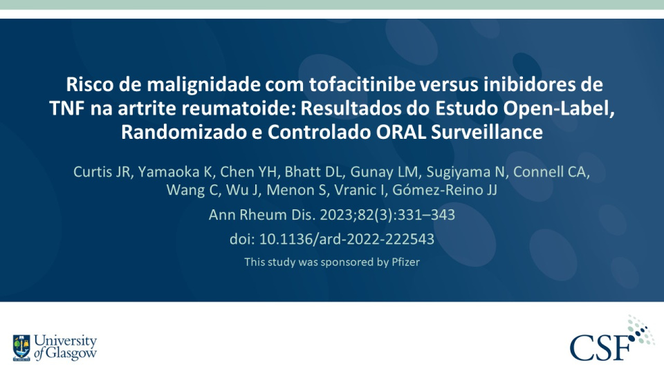 Publication thumbnail: Risco de malignidade com tofacitinibe versus inibidores de TNF na artrite reumatoide: Resultados do Estudo Open-Label, Randomizado e Controlado ORAL Surveillance