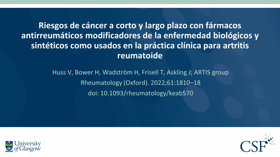 Publication thumbnail: Riesgos de cáncer a corto y largo plazo con fármacos antirreumáticos modificadores de la enfermedad biológicos y sintéticos como usados en la práctica clínica para artritis reumatoide