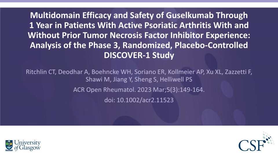 Publication thumbnail: Multidomain Efficacy and Safety of Guselkumab Through 1 Year in Patients with Active Psoriatic Arthritis with and Without Prior Tumor Necrosis Factor Inhibitor Experience: Analysis of the Phase 3, Randomized, Placebo-Controlled DISCOVER-1 Study