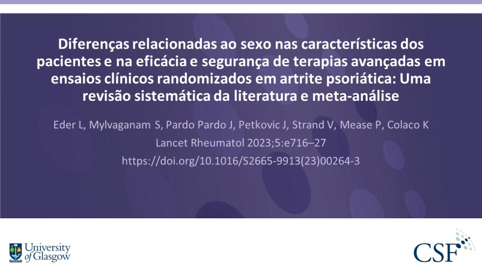 Publication thumbnail: Diferenças relacionadas ao sexo nas características dos pacientes e na eficácia e segurança de terapias avançadas em ensaios clínicos randomizados em artrite psoriática: Uma revisão sistemática da literatura e meta-análise