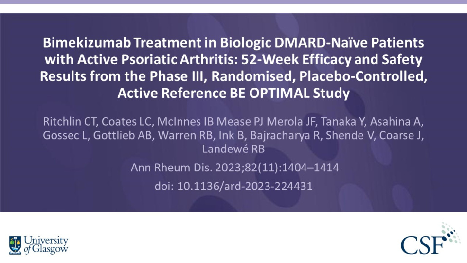Publication thumbnail: Bimekizumab Treatment in Biologic DMARD-Naïve Patients with Active Psoriatic Arthritis: 52-Week Efficacy and Safety Results from the Phase III, Randomised, Placebo-Controlled, Active Reference BE OPTIMAL Study