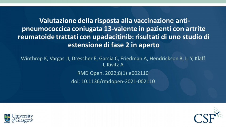Publication thumbnail: Valutazione della risposta alla vaccinazione anti-pneumococcica coniugata 13-valente in pazienti con artrite reumatoide trattati con upadacitinib: risultati di uno studio di estensione di fase 2 in aperto
