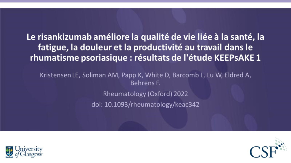 Publication thumbnail: Le risankizumab améliore la qualité de vie liée à la santé, la fatigue, la douleur et la productivité au travail dans le rhumatisme psoriasique : résultats de l'étude KEEPsAKE 1