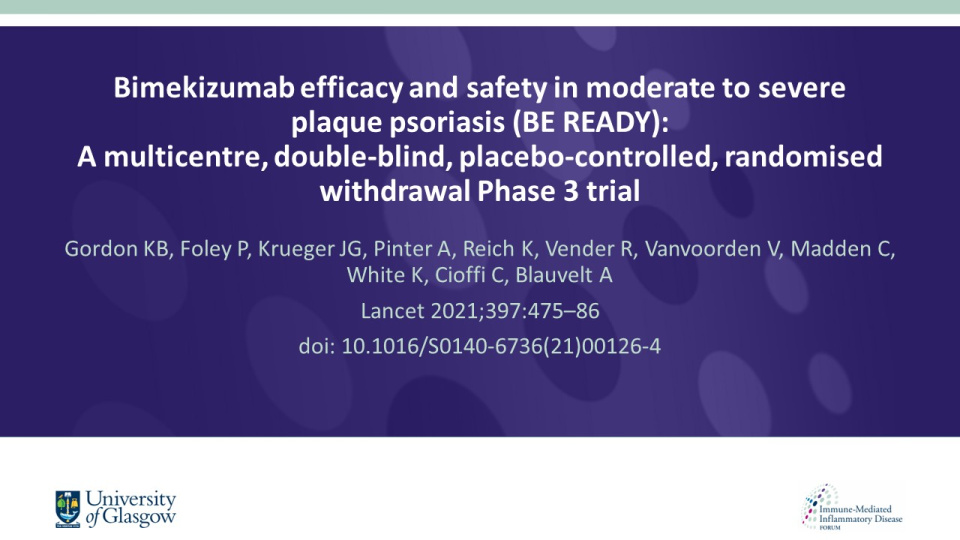 Publication thumbnail: Bimekizumab efficacy and safety in moderate to severe plaque psoriasis (BE READY): a multicentre, double-blind, placebo-controlled, randomised withdrawal Phase 3 trial