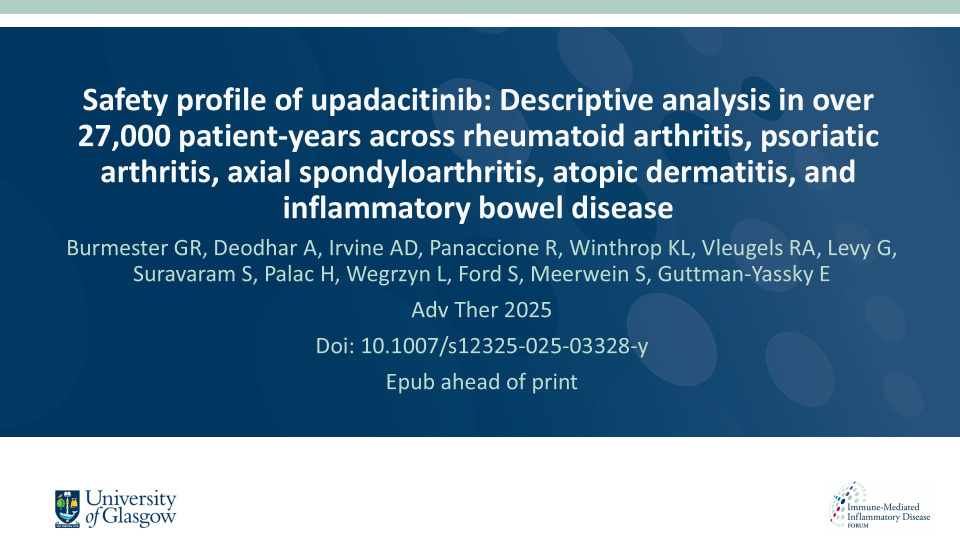 Publication thumbnail: Safety profile of upadacitinib: Descriptive analysis in over 27,000 patient‑years across rheumatoid arthritis, psoriatic arthritis, axial spondyloarthritis, atopic dermatitis, and inflammatory bowel disease