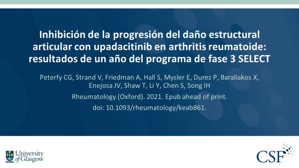 Publication thumbnail: Inhibición de la progresión del daño estructural articular con upadacitinib en arthritis reumatoide: resultados de un año del programa de fase 3 SELECT