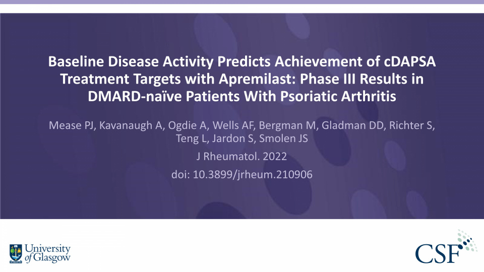Publication thumbnail: Baseline Disease Activity Predicts Achievement of cDAPSA Treatment Targets with Apremilast: Phase III Results in DMARD-naïve Patients With Psoriatic Arthritis
