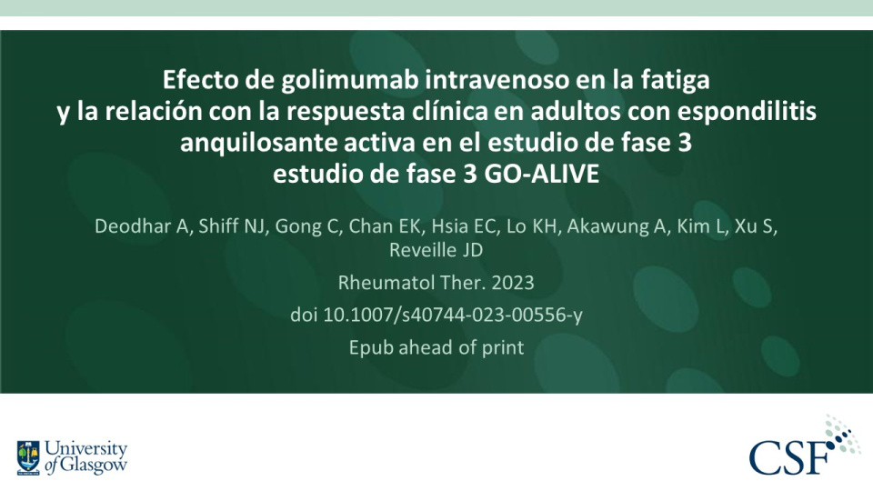 Publication thumbnail: Efecto de golimumab intravenoso en la fatiga y la relación con la respuesta clínica en adultos con espondilitis anquilosante activa en el estudio de fase 3  estudio de fase 3 GO-ALIVE