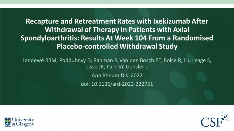 Publication thumbnail: Recapture and Retreatment Rates with Ixekizumab After Withdrawal of Therapy in Patients with Axial Spondyloarthritis: Results at Week 104 From a Randomised Placebo-controlled Withdrawal Study