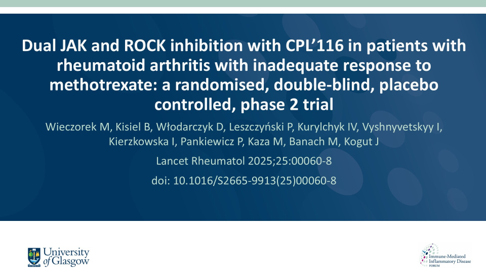 Publication thumbnail: Dual JAK and ROCK inhibition with CPL’116 in patients with rheumatoid arthritis with inadequate response to methotrexate: a randomised, double-blind, placebo controlled, phase 2 trial