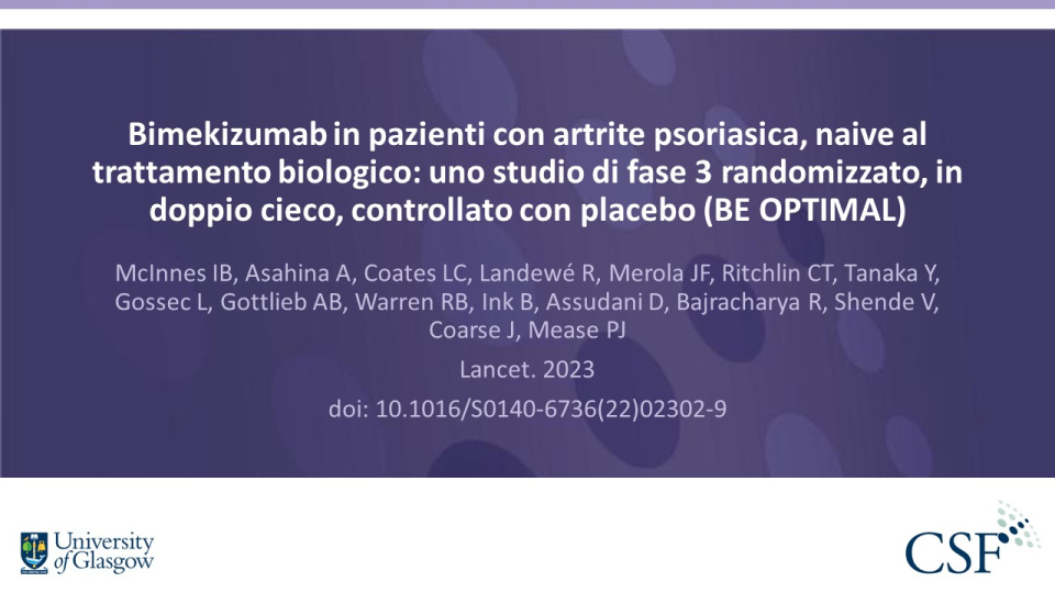 Publication thumbnail: Bimekizumab in pazienti con artrite psoriasica, naive al trattamento biologico: uno studio di fase 3 randomizzato, in doppio cieco, controllato con placebo (BE OPTIMAL)