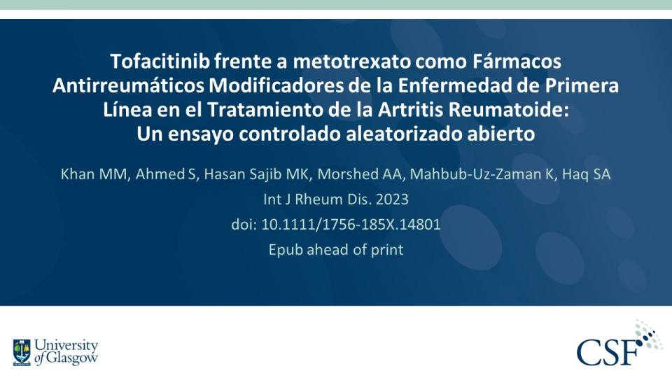 Publication thumbnail: Tofacitinib frente a metotrexato como Fármacos Antirreumáticos Modificadores de la Enfermedad de Primera Línea en el Tratamiento de la Artritis Reumatoide:  Un ensayo controlado aleatorizado abierto