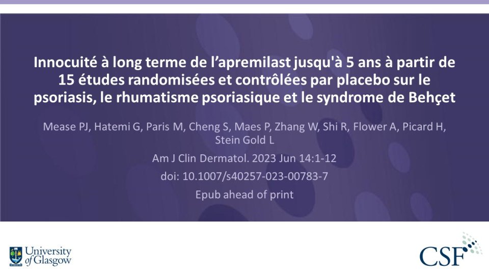 Publication thumbnail: Innocuité à long terme de l’apremilast jusqu'à 5 ans à partir de 15 études randomisées et contrôlées par placebo sur le psoriasis, le rhumatisme psoriasique et le syndrome de Behçet