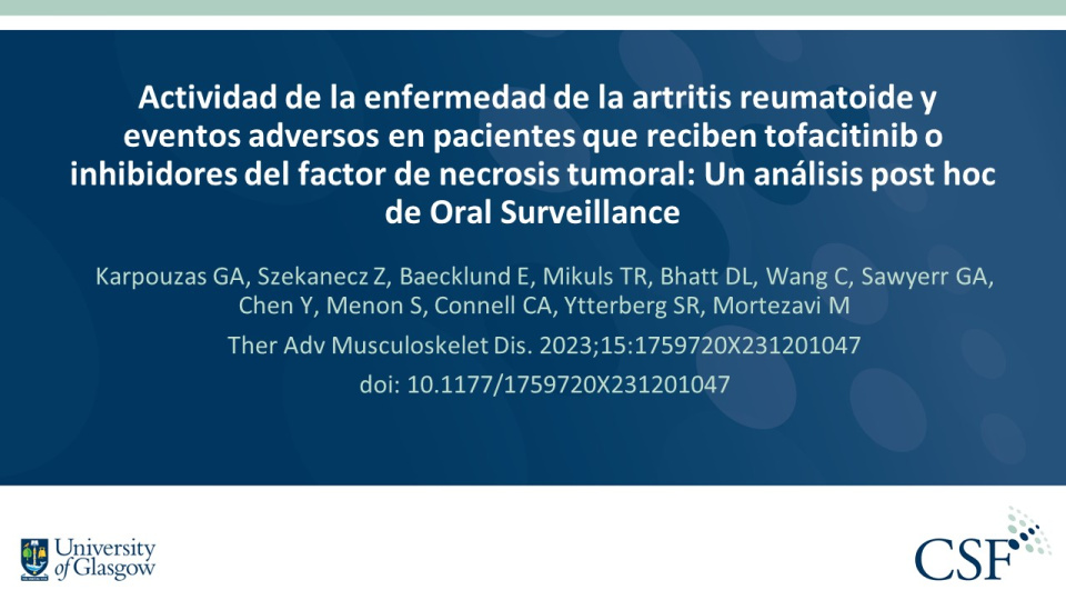 Publication thumbnail: Actividad de la enfermedad de la artritis reumatoide y eventos adversos en pacientes que reciben tofacitinib o inhibidores del factor de necrosis tumoral: Un análisis post hoc de Oral Surveillance